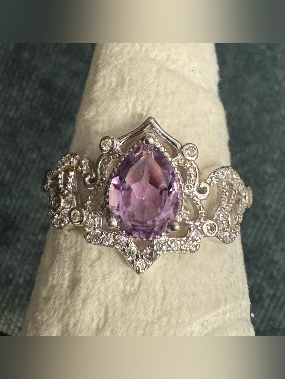 S925 amethyst sterling silver ring tiara princess pear teardrop 1ct FLAW 6.75 7